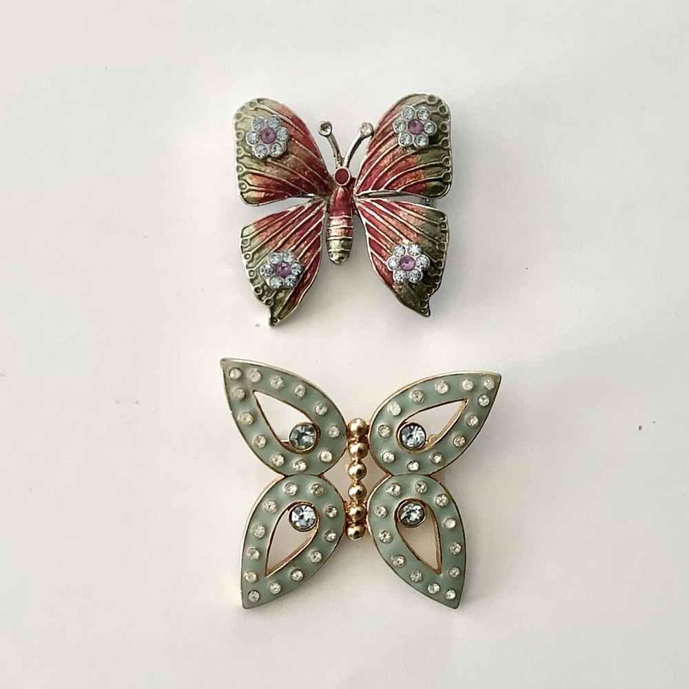 Vintage Butterfly Brooches Lot of 2 Enameled Rhinestones Unsigned